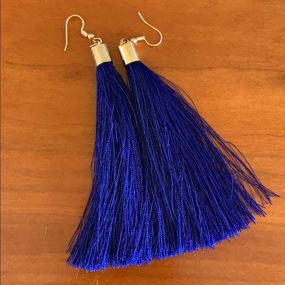 Long Blue Tassel Earrings - Picture 2 of 4